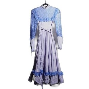 VTG 70s Gunne Sax Lavender Purple Cornflower Blue Prairie Dress Cottage Lace XS
